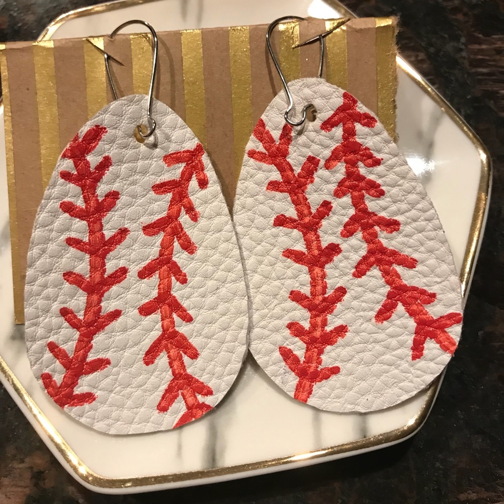 Handmade hand painted leather baseball earrings